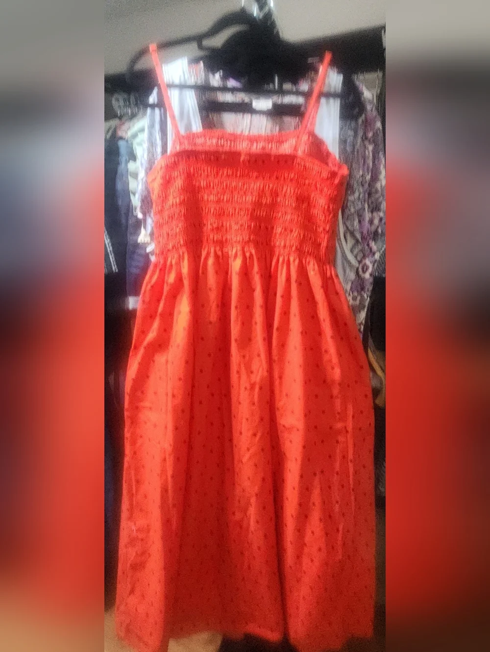 Red Smocked Midi Dress with Black Polka Dots - Picture 4 of 5
